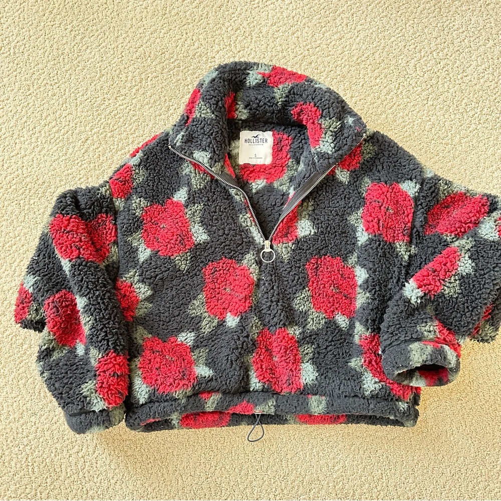 Hollister Fleece Pullover with Red Floral Pattern